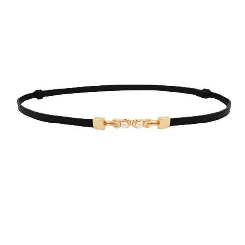 Pearl buckle women's thin belt decoration with skirt, fashionable and versatile matte leather waist small belt for women black wholesale