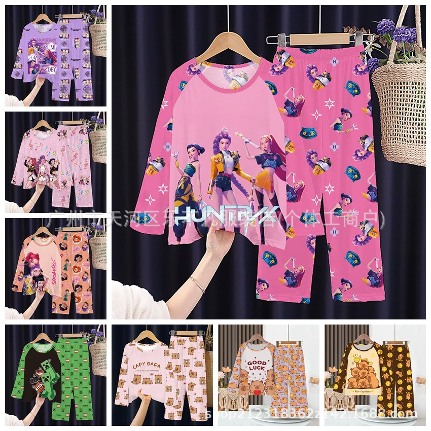 Детские пижамы для девочек, детей постарше, мальчиков, брюки с длинными рукавами, комплект домашней одежды для девочек с мультяшным принтом «Коллектив девочек-охотниц на ведьм» в юго-восточноазиатском стиле