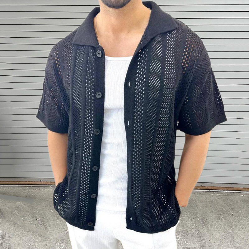 2026 Summer Thin Knitted Sweater Men's Turn-Down Collar Short Sleeve Hollow Out Cardigan Cross-Border Amazon European and American Muscle Men's Clothing