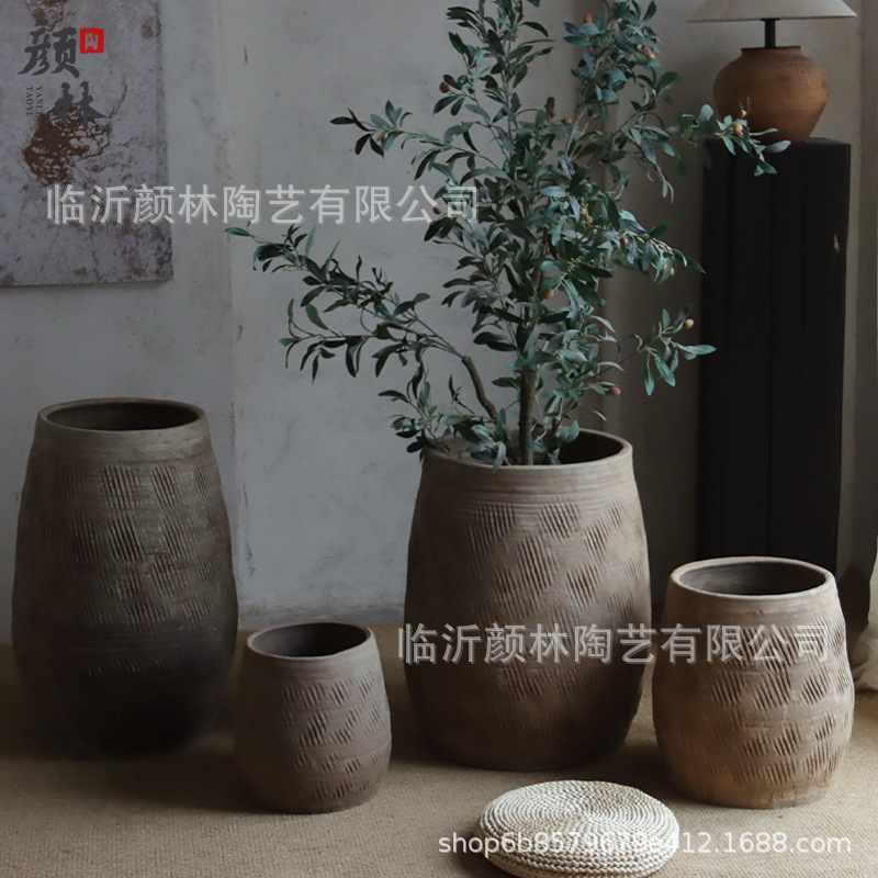 Wabi-sabi Style Tile Basin, Antique Earthenware Basin, Floor-standing Large Flower Pot, Bed and Breakfast Decorative Coarse Pottery Vase, Chinoiserie Pottery Basin Combination