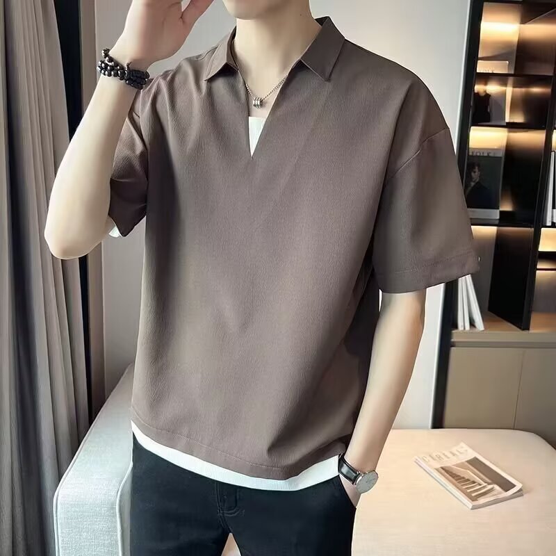 Ice Silk Polo Shirt Short-Sleeved T-Shirt Men's Summer Thin Fake Two-Piece Shirt V-Neck Half-Sleeved Casual T-Shirt Top for Men