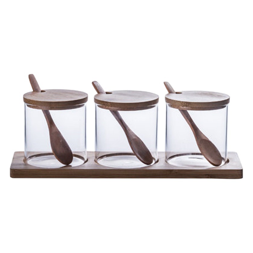 Hogar cocina condimento tarro de almacenamiento traje de tres piezas caja de condimento vidrio borosilicato tapa de bambú con cuchara condimento tarro