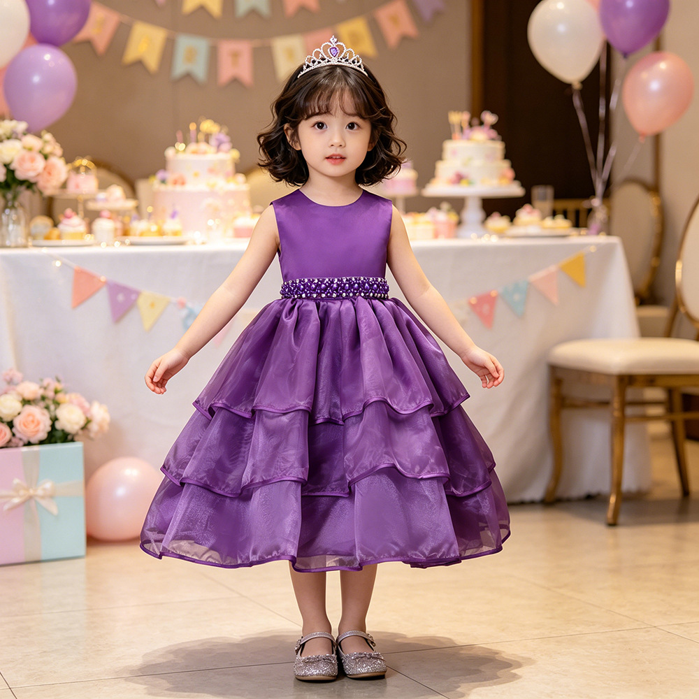 Foreign Trade Summer European and American Girls Princess Dress Children's Hand-stitched Beaded Belt Dress Mesh Flower Girl Wedding Dress