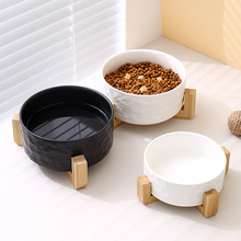 简约风石纹直口碗带碗架黑白宠物碗陶瓷碗猫咪水碗猫碗狗碗防打翻