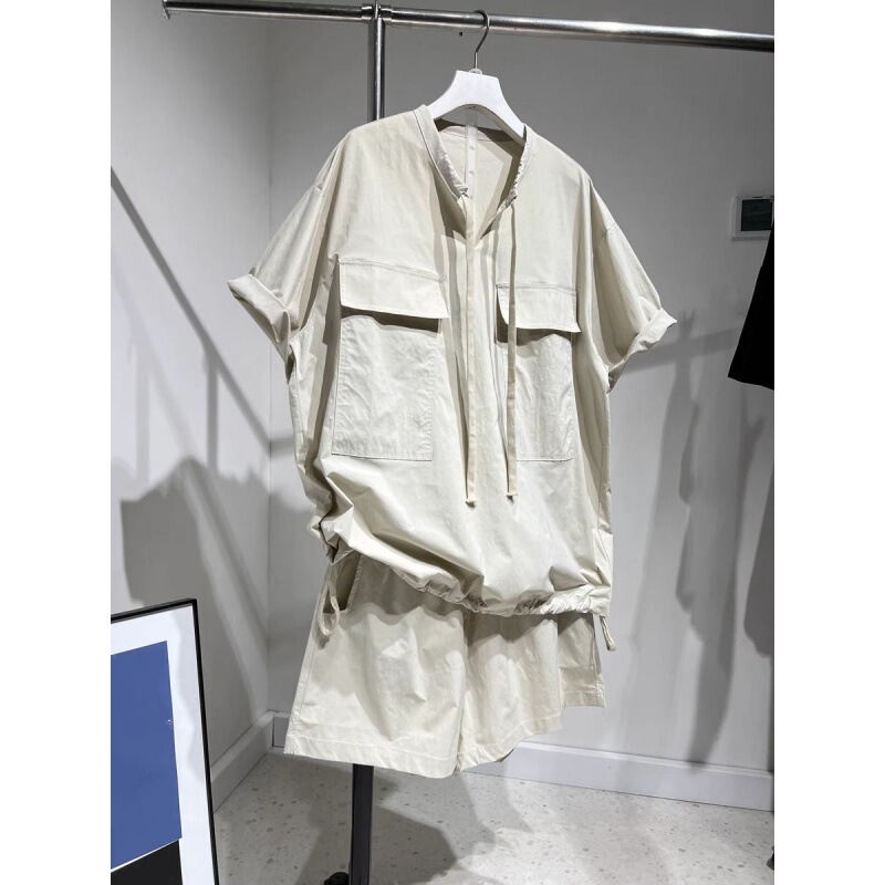 Extras 300 Jin Large Pocket Drawstring Short Sleeve Men's Trendy Straight Shorts Two-Piece Set