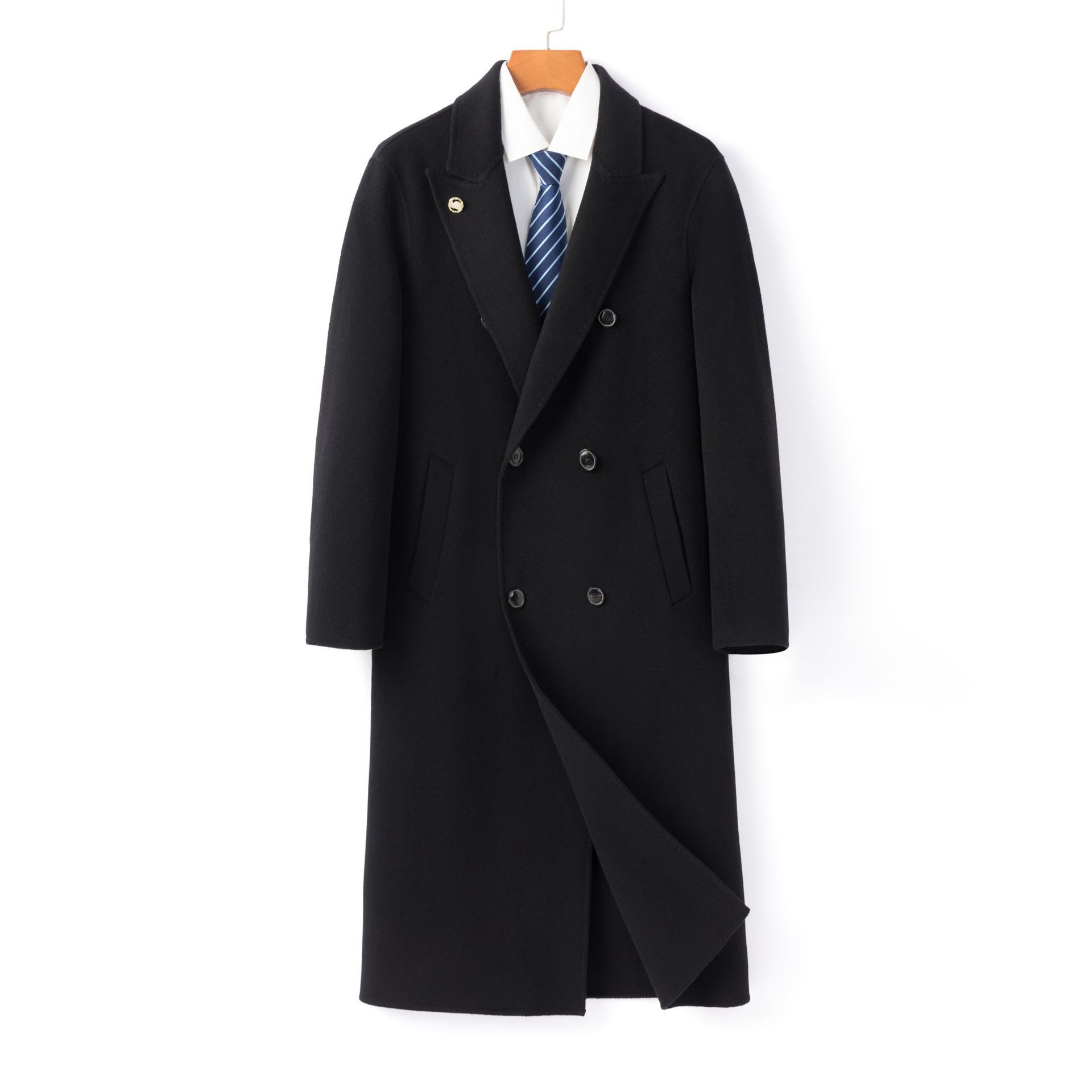 Luxury Men's Coat: 30% Cashmere, 70% Australian Fine Wool - Classic Long Double-Breasted Reversible Cashmere Coat