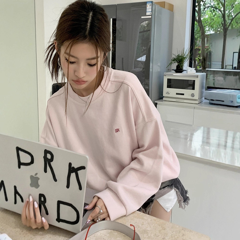 Korean Style Beautiful Pink Hooded Sweatshirt for Women Autum New Loose Slimming Look Niche Design Right Shoulder Lazy Top