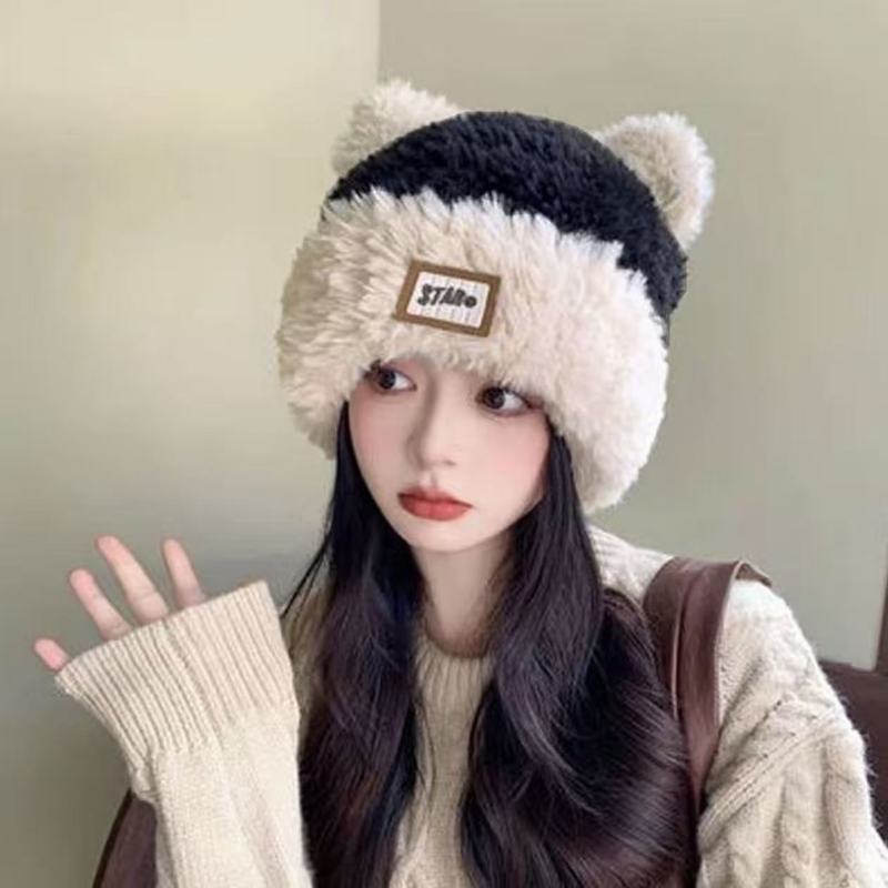 可爱小熊耳朵毛绒帽女冬季保暖大头围针织帽毛线帽百搭护耳显脸小|undefined