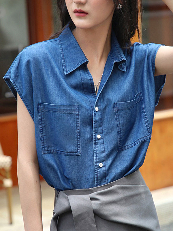 Áo hai dây nữ cổ POLO phong cách retro Hong Kong, form rộng đi làm — màu xanh đậm