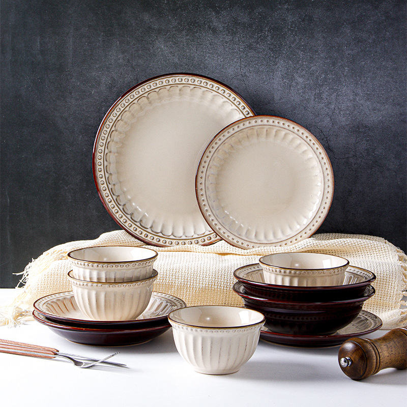 Bairun European-Style Retro Embossed Tableware Set Ceramic Bowls and Plates Light Luxury Retro Style Underglaze Color