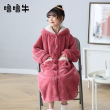 儿童睡袍秋冬加珊瑚绒厚款女童睡衣长款春秋中大童法兰绒女孩浴袍