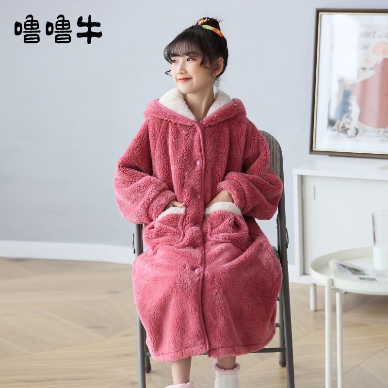 儿童睡袍秋冬加珊瑚绒厚款女童睡衣长款春秋中大童法兰绒女孩浴袍