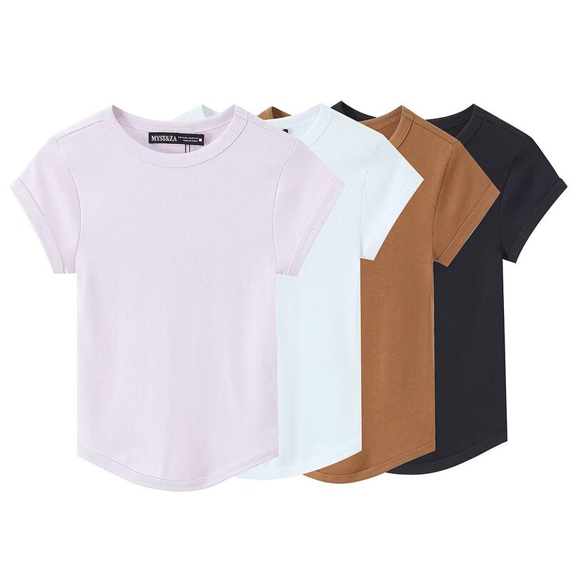 Saw Aliexpress Independent Site New Style French Versatile Casual Short-Sleeve Ribbed T-Shirt 4174179