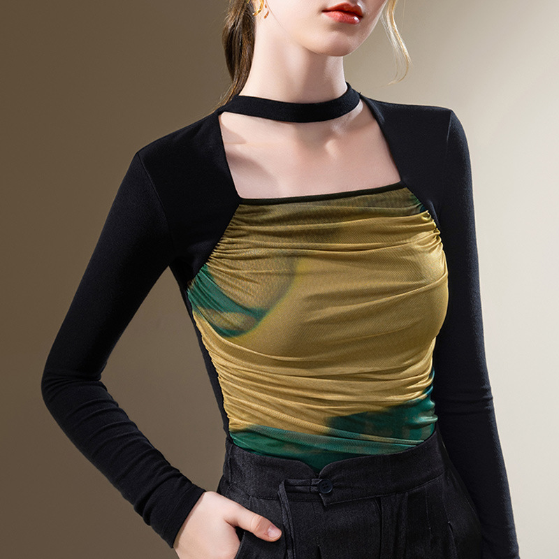 Cuello cuadrado camisa de fondo para mujeres 2023 europeo nuevo sexy Halter malla costura camiseta temperamento interior plisado superior image 5