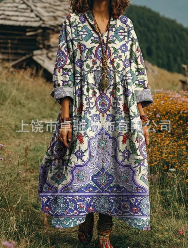 2025新款独立站女式复古花卉艺术图案印花口袋V领口袋连衣裙|undefined
