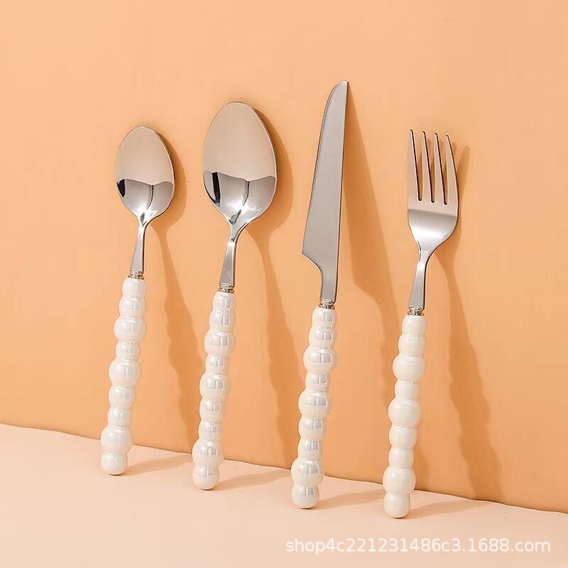 Creative Internet Celebrity Ins Style Pearl Ceramic Handle Tableware Western Food Knife and Fork Spoon Cute Light Luxury Dessert Spoon and Fork suit