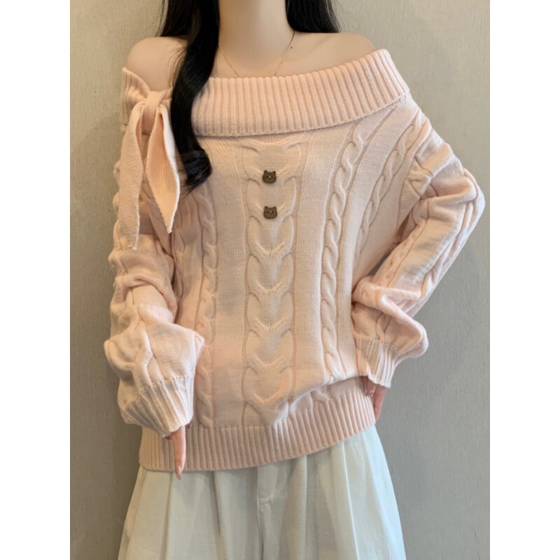 Pink off-shoulder cable-knit sweater for women, early autumn, plus size, French-style bow top, knitted base layer