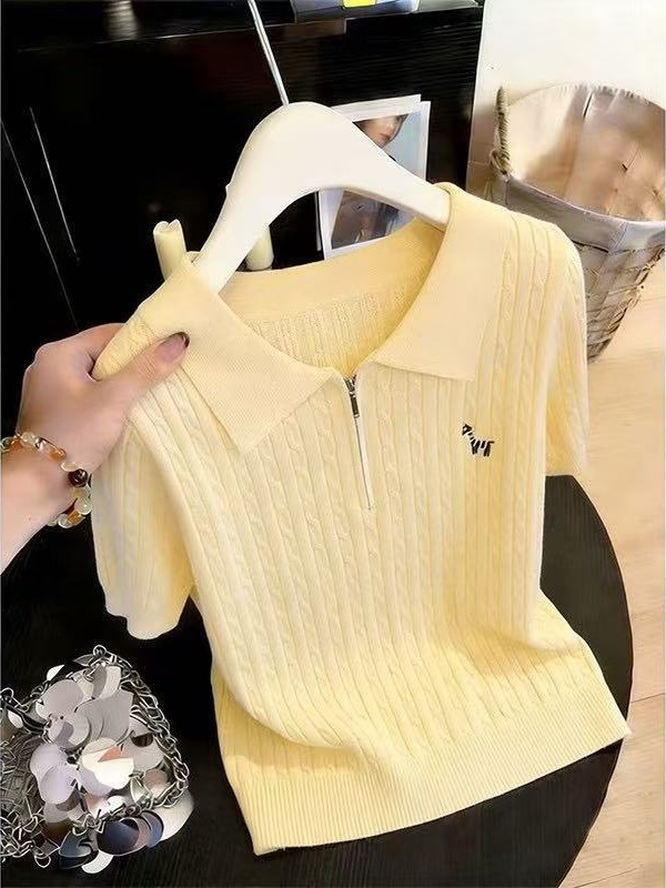 Áo thun nữ cổ Polo phối khóa kéo tay ngắn kiểu mới — trắng