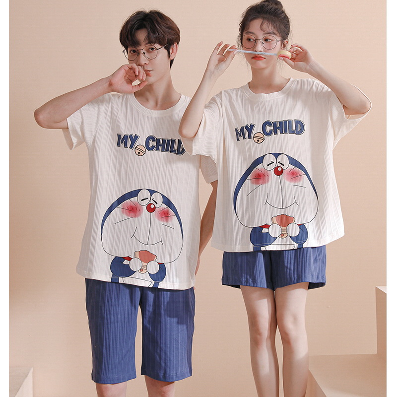 Pajamas de pareja de verano de algodón de verano pantalones cortos de mangas cortas de dibujos animados para hombres nuevos sets de ropa casera para mujeres sin impresión