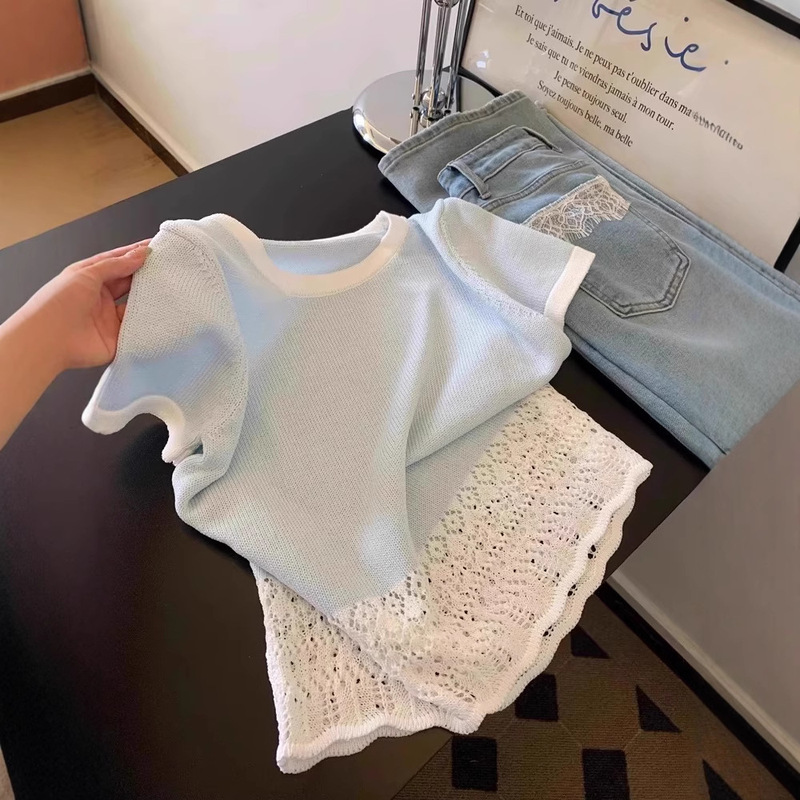 Korean Style Fresh and Versatile Lace Splicing Cut Out Short-Sleeved T-Shirt for Women Summer French Ice Silk Round Neck Contrasting Top