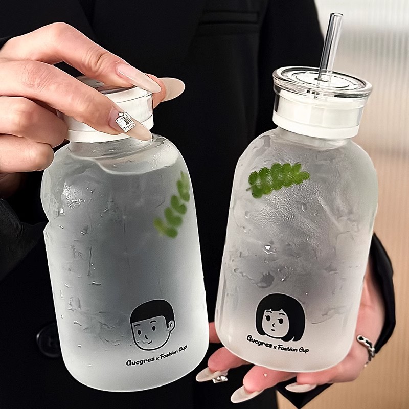 絢小青家用雙蓋時間便攜高硼硅批發水杯刻度簡約吸管杯禮品玻璃杯