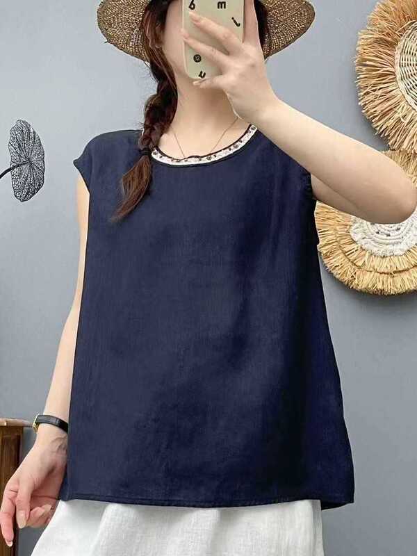 2025 New Summer Style Round Neck Flying Sleeve Linen Shirt Women's Literary Casual Loose Sleeveless Shirt 66157