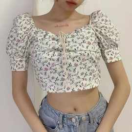 夏季韩版新款方领碎花泡泡袖性感短款短袖t恤女外贸女装上衣批发