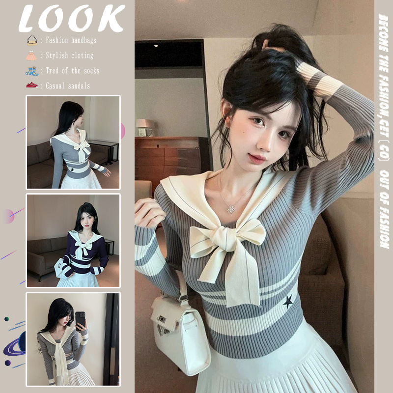 2026 Autumn New Pure Desire Style Striped Navy Collar Long Sleeve Knit Top for Women, Slim Fit and Slimming Design