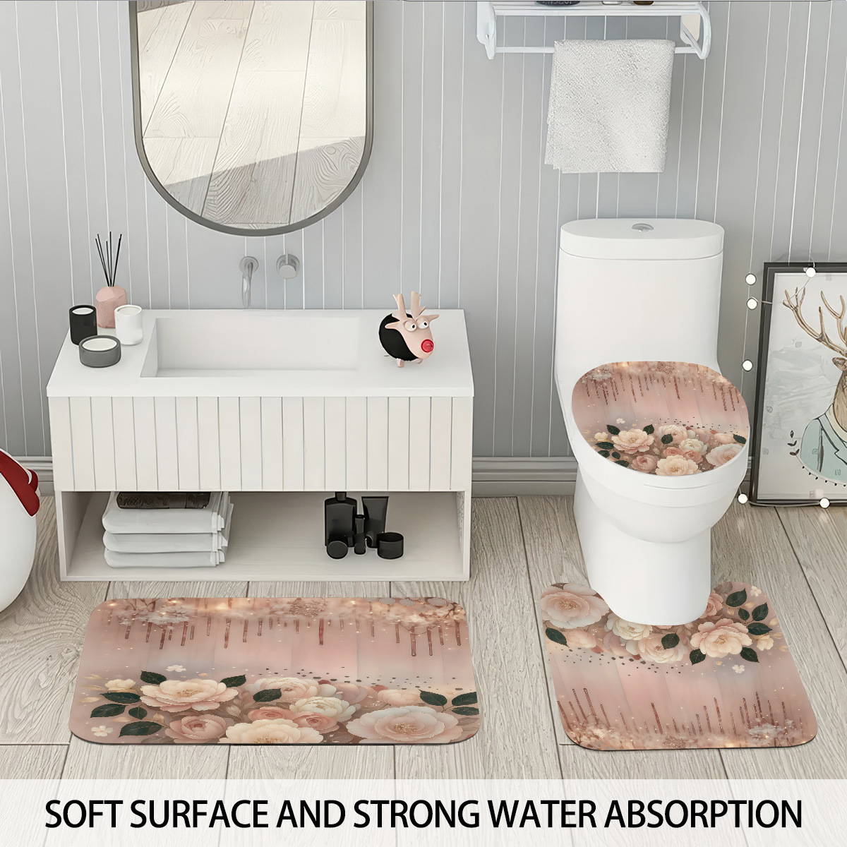 Agente de poliéster Mei Ke más cortina de baño impermeable serie de agua floral 3D impresión digital cortina de baño cuatro piezas alfombra absorbente