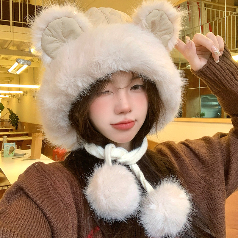 Bonito oso orejas gorra de peluche para mujeres otoño y invierno cara pequeña gorra de vello gruesa para montar en bicicleta a prueba de viento