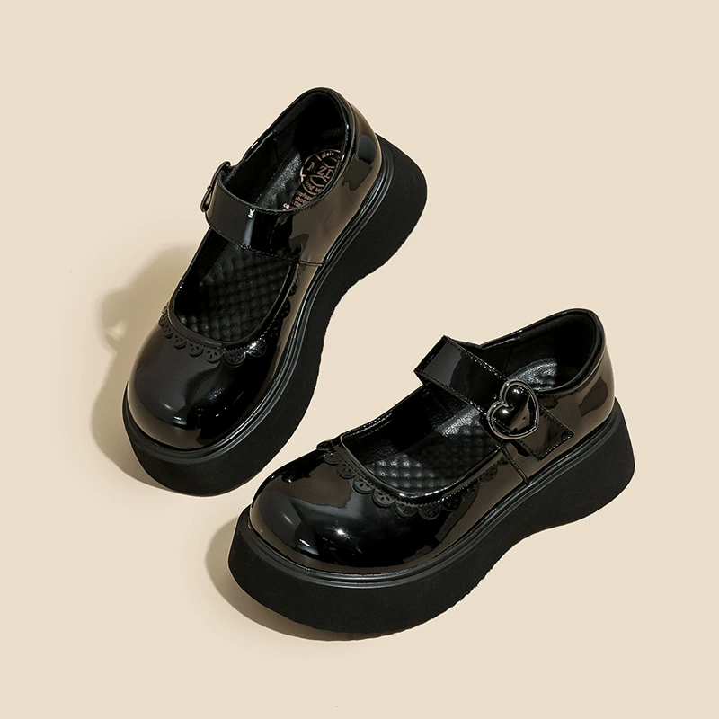 Platform Mary Jane Shoes, Women's Eco-Leather, Heart Buckle Strap, Sizes 34–39