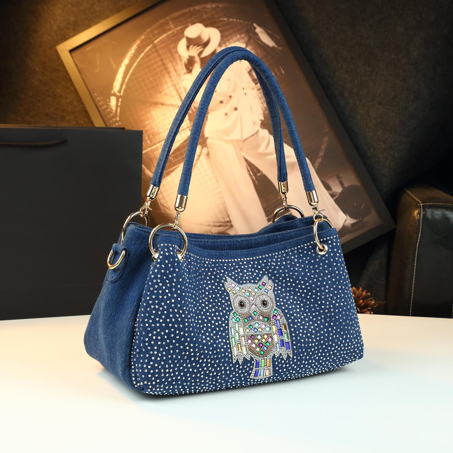 Túi đeo chéo nữ denim phong cách lang thang, thiết kế đính đá thời trang — Cao bồi Owl, Cao bồi trắng khoan, Ngôi sao năm cánh đen
