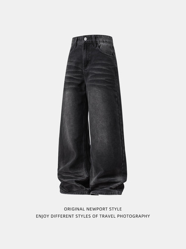 Three-dimensional cat-ear distressed washed denim jeans—autumn new arrival, American-style high-street trendy brand, loose-fit textured straight-leg long pants q