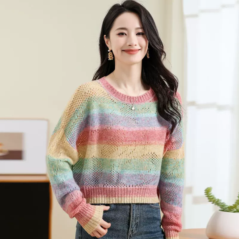 100%纯山羊绒毛衣女短款2024秋季新款宽松内搭长袖羊绒针织打底衫