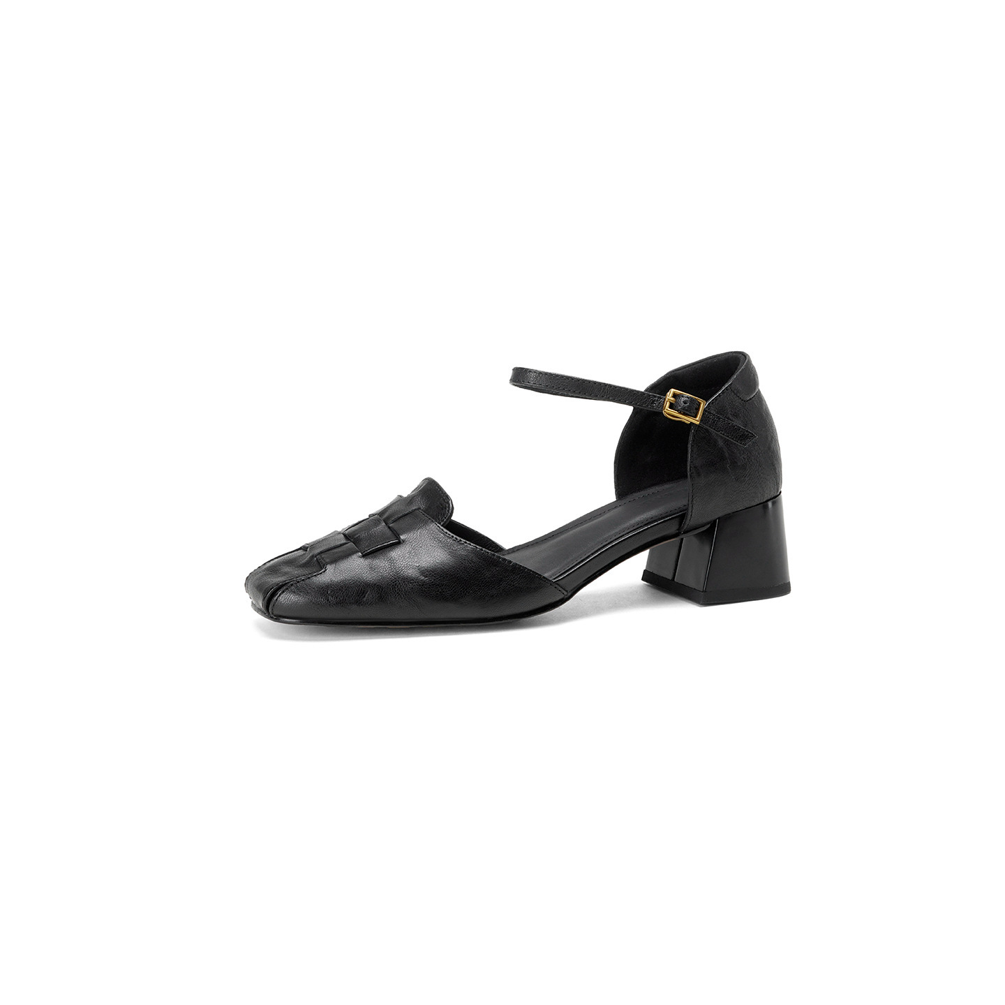 Sandal nữ da dê bện mũi kín quai ngang gót vuông trung bình — đen chi tiết 23