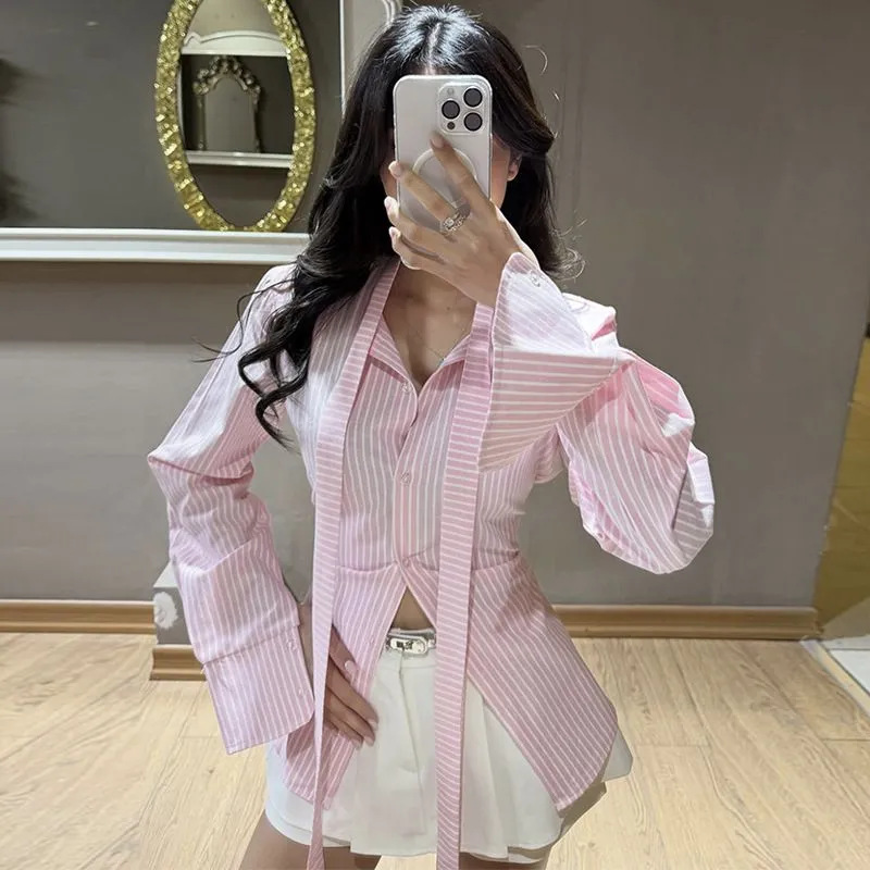 European and American Cross-Border Women's Clothing 2026 Autumn New Fashion Design Striped Slim-Fit Spicy Girl Style Turn-Down Collar Long-Sleeve Shirt