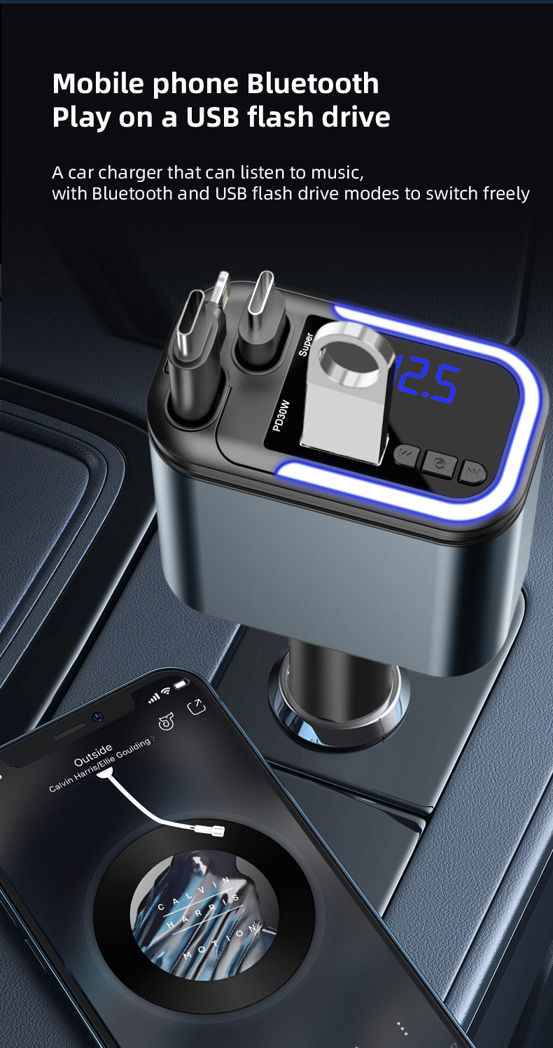 Car Charger Multi-Function Fast Charging Car Mp3 Player Bluetooth Plug-In USB Disk Listening to Music with Retractable Cable Five-In-One