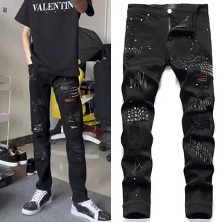 春秋季拉链破洞印花烫钻牛仔长裤黑色看图说明项其他棉大喇叭型