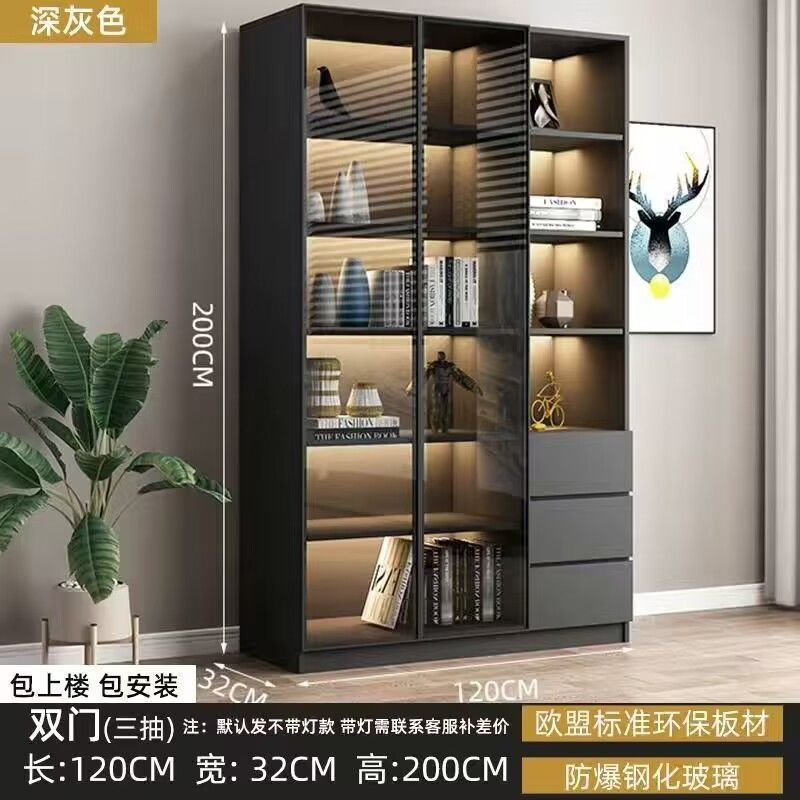轻奢书柜带玻璃门书架落地简约现代客厅书橱实木手办酒柜展示柜子|undefined
