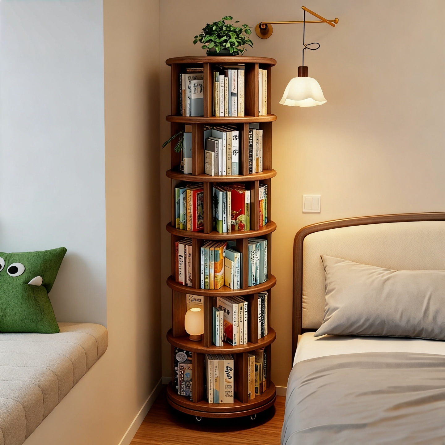 Solid wood rotating bookshelf 360-degree floor-standing storage rack round bookcase integrated wall-mounted movable corner small narrow cabinet