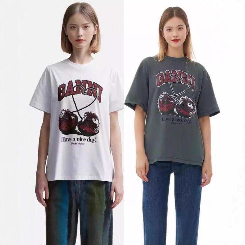Cross-Border 2026 Spring/Summer New Cherry Print T-Shirt for Best Friends, Round Neck, Loose Fit, Ganni Short-Sleeve T-Shirt, Wholesale for Export Cross-Border 2026 Spring/Summer New Cherry Print T-Shirt for Best Friends, Round Neck, Loose Fit, Ganni Short-Sleeve T-Shirt, Wholesale for Export