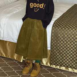 2025秋季新款女童韩版百搭灯芯绒裤女宝宽松阔腿松紧腰七分裤兔毛