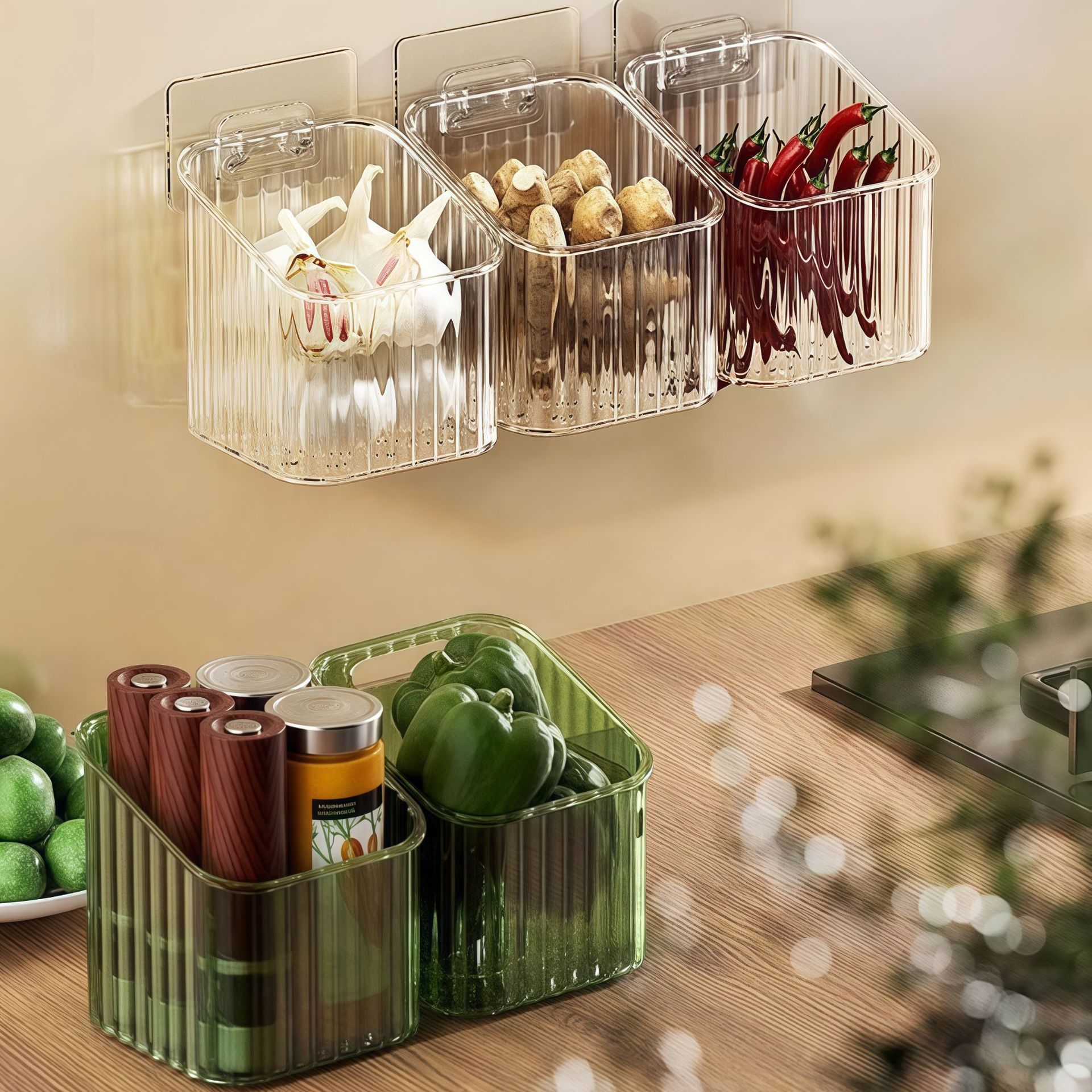 Caja de almacenamiento de cocina de jengibre de ajo colgada en la pared condimento de almacenamiento de energía multifuncional de almacenamiento de energía multicolor
