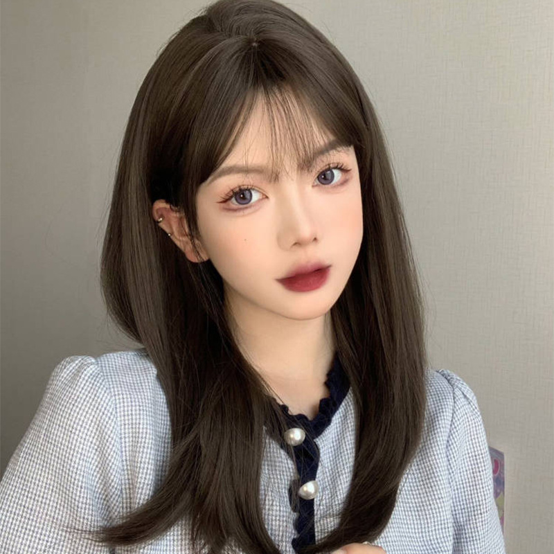Wig women's long hair long straight hair daily round face internet celebrity natural 2022 fashion new air bangs full head cover