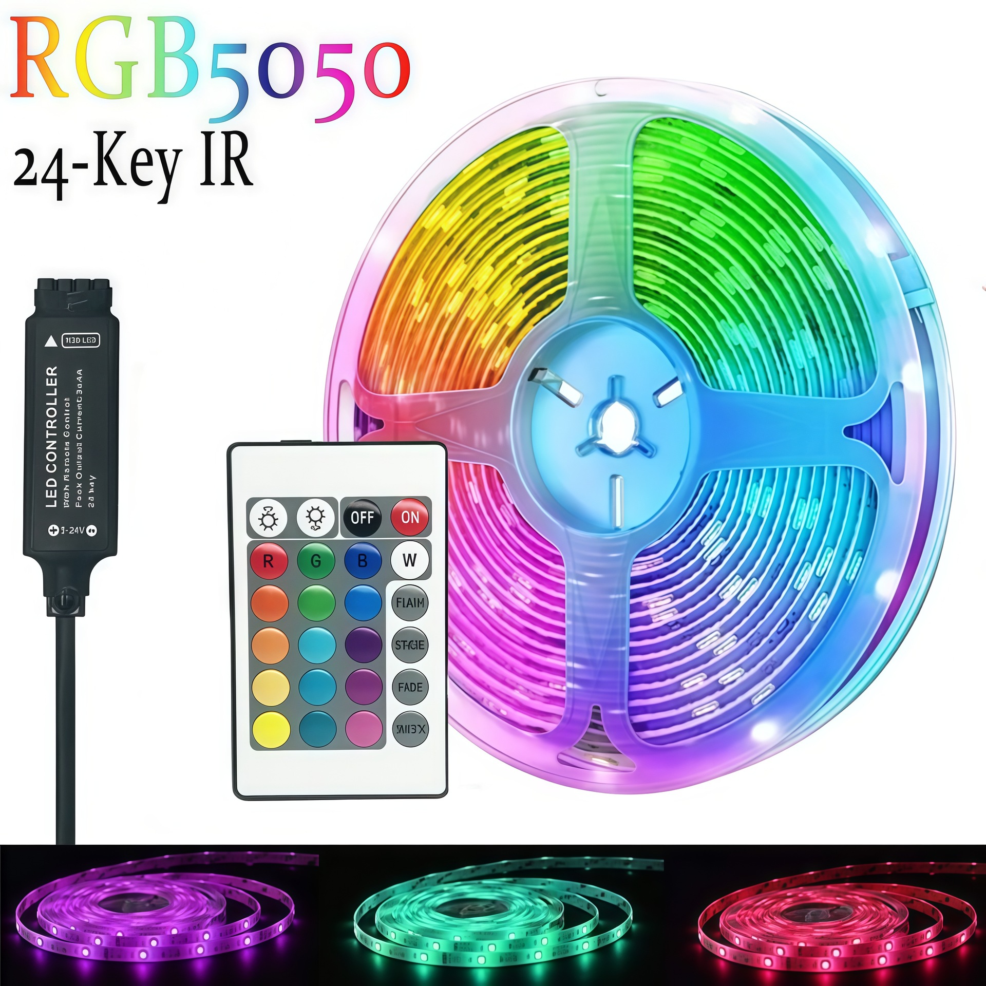  Tira de Luces LED RGB 5050 Transfronteriza, Cambio de Color vía Bluetooth 5V, Control Remoto de 24 Teclas, Impermeable, para Ambiente.