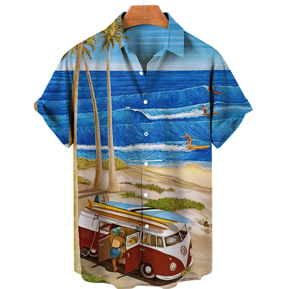 Regular Top Length Wholesale Men's Vacation Cartoon Landscape Short Sleeve Printing Men's Tops