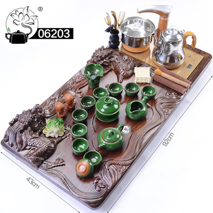 062 Science and Technology Wood Shuanglong Solid Wood Tea Tray Tea Haidao Raw Ore Zisha Kung Fu Tea Set Gift Induction Cooker