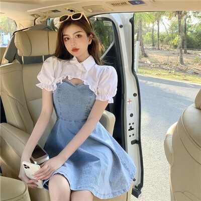 summer French Sweet Retro Shawl Self cultivation Show thin cowboy camisole Dress Two piece set singleton