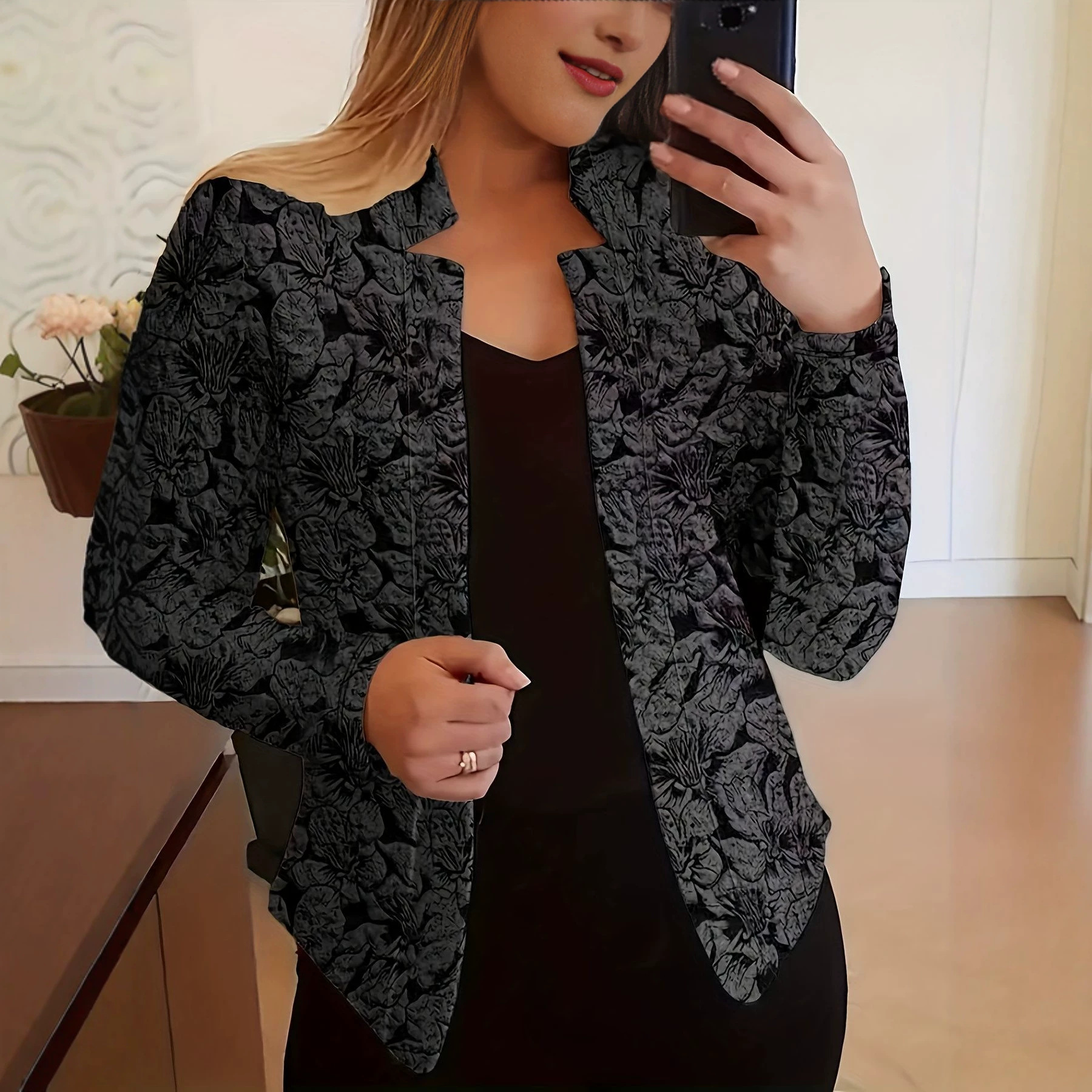 Retro Print Blazer for Women Casual Long Sleeved Open Front Office And Workplace Suitable Blazer_ecoleips.com