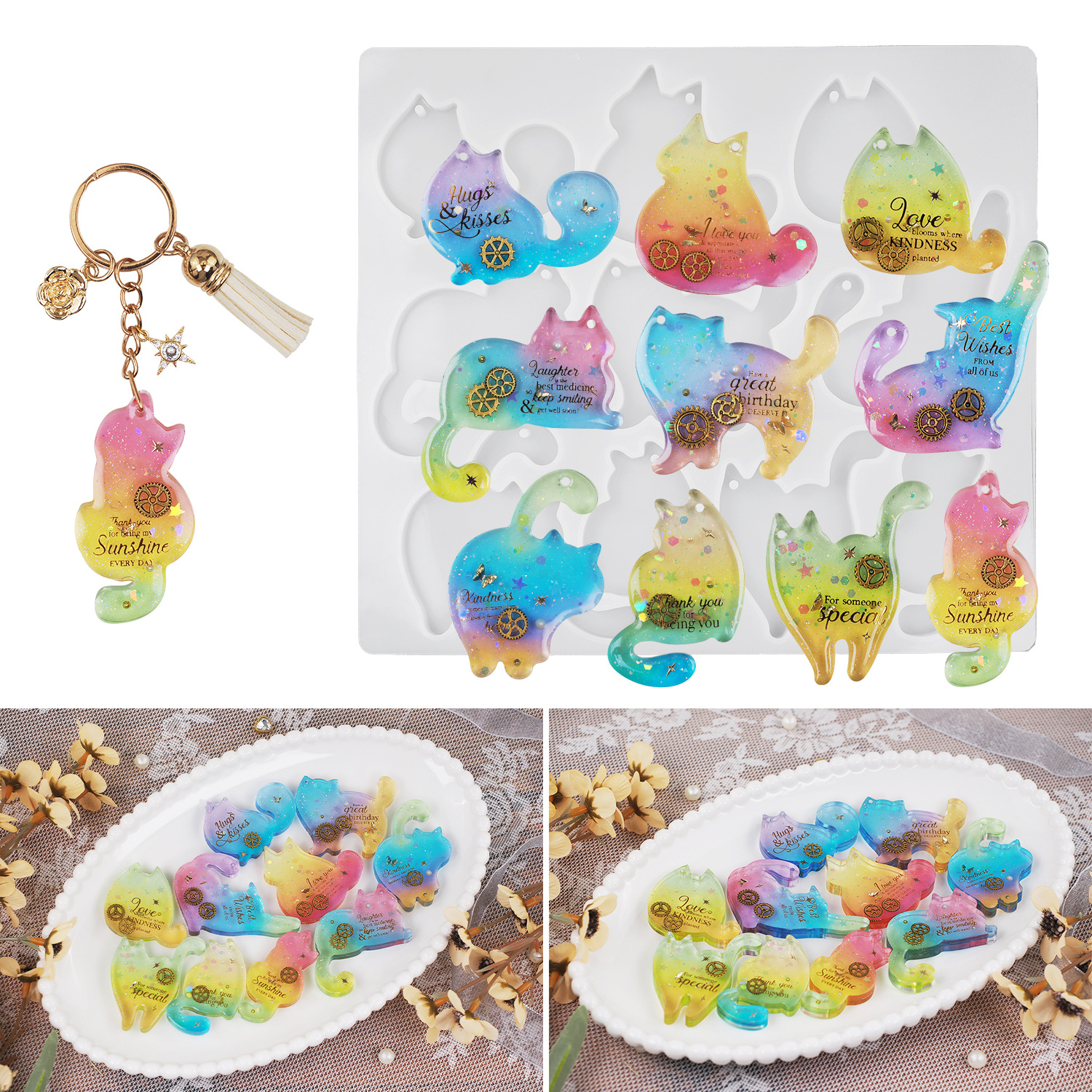 Cristal de bricolaje epoxi epoxi gato lindo gato en forma de gato colgante llavero espejo molde de silicona Ruihe